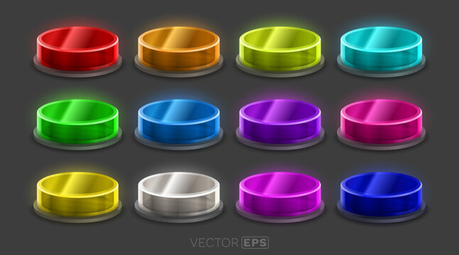 Collection of glowing colorful glass buttons or podiums in various vibrant colors on a dark background. Perfect for UI design, game elements, or product display.