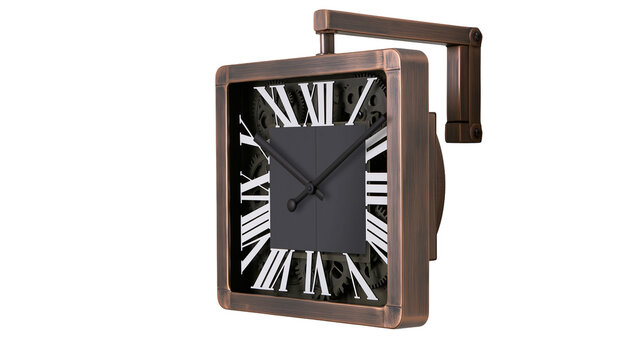 Isolated antique square wall clock with Roman numerals and exposed gears, vintage design element