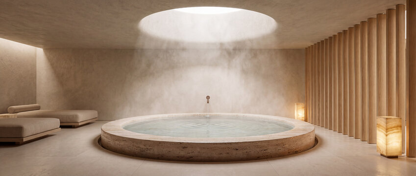 Thermal bath in a minimalist luxury spa featuring a round travertine stone pool with steaming water under an oculus skylight, ideal for wellness retreat and relaxation promotion