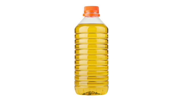 Isolated transparent plastic bottle filled with golden yellow cooking oil a healthy food ingredient