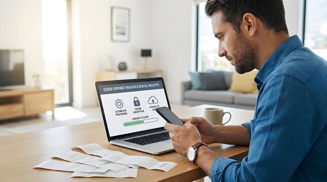 Cybersecurity data protection on laptop, man using smartphone for two factor authentication, secure online banking and digital privacy at home