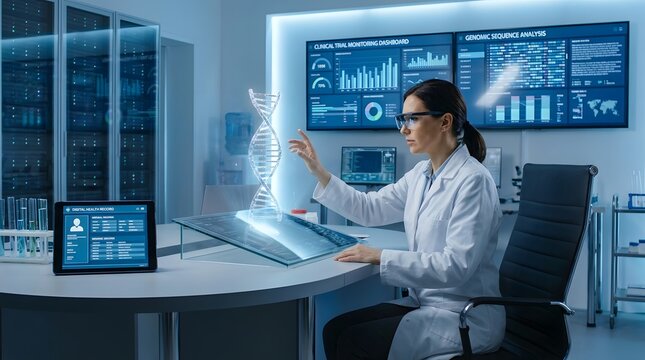 Futuristic female scientist analyzing DNA hologram in high-tech laboratory, genetic research facility with digital data screens, biotechnology and medical innovation
