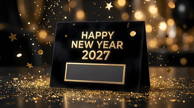 Happy New Year 2027 elegant black sign, gold glitter and bokeh background, festive holiday celebration with golden stars and confetti