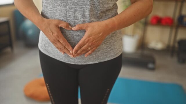 Woman forming a heart with hands over lower abdomen during yoga in studio, wearing gray top and black leggings; mindful wellness serenity.