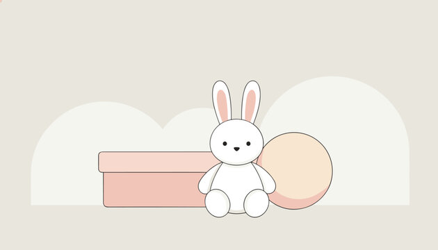 Cute white plush rabbit toy sitting in front of a pink box and a soft ball against a minimalist grey background.
