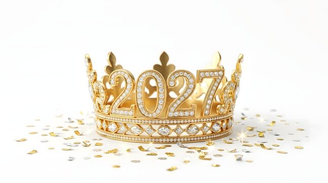 Golden 2027 crown with diamonds on white background, luxury new year 2027 celebration concept, royal gold tiara with sparkling jewels and confetti