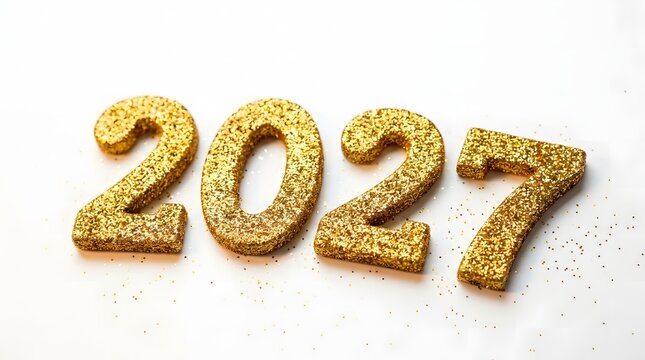 Golden glitter 2027 numbers on white background, sparkling 2027 new year date, festive gold metallic typography for holiday celebrations