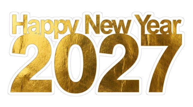 Happy New Year 2027 gold foil text, metallic golden 2027 typography on white background, luxury holiday greeting sign for seasonal marketing