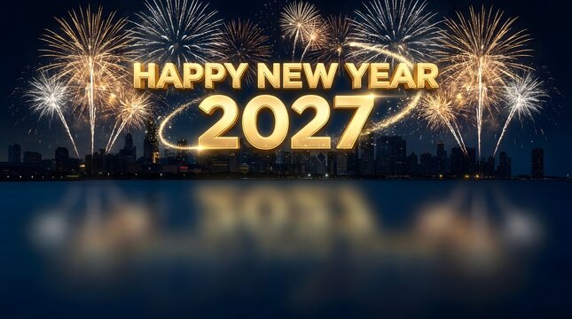 Happy New Year 2027 gold text with fireworks over city skyline, festive 2027 celebration background, glowing golden numbers reflected in water