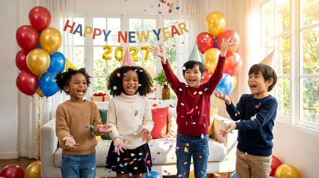 Happy New Year 2027 celebration with diverse children, joyful kids throwing confetti at home party, festive holiday scene with balloons and banner