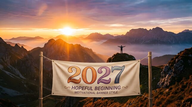 New Year 2027 hopeful beginning banner in mountain landscape, motivational sunrise over peaks, inspirational future concept with person on summit