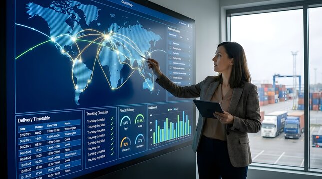 Global logistics manager analyzing supply chain data on digital screen, female executive tracking international shipping routes in port office