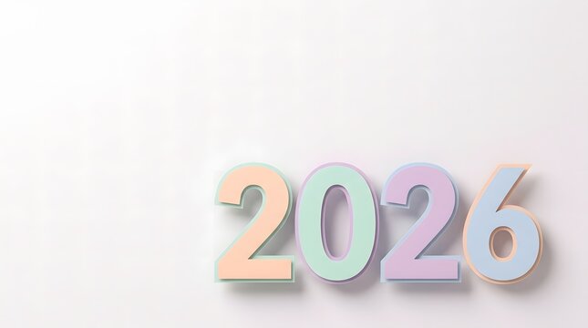 2026 New Year numbers in pastel colors, 3D block digits for 2026 calendar year, minimalist aesthetic on white background with copy space