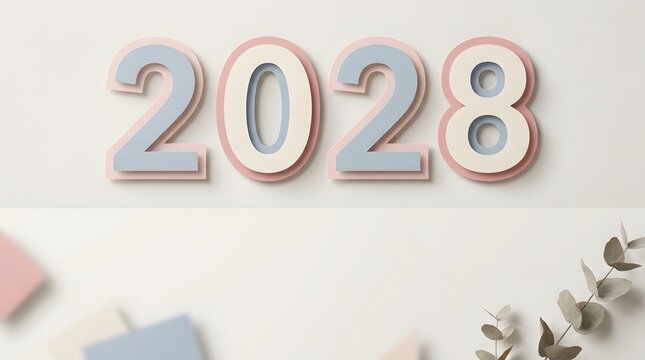 Pastel Paper Cutout 2028 Numbers on Minimalist Desktop with Copy Space