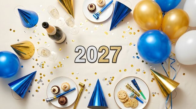 Happy New Year 2027 celebration background, festive party decorations with blue and gold balloons, holiday flat lay with champagne and confetti
