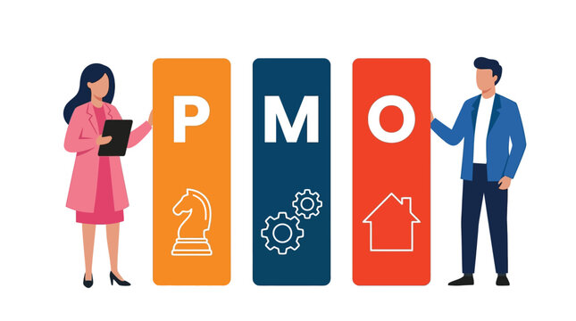 Business professionals presenting PMO project management office concept with icons