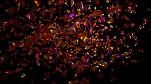 Colorful crystal fragments suspended against black background with glowing jewel tones