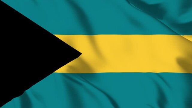 The national flag of the Bahamas waving in the wind with a black triangle and horizontal stripes of aquamarine and yellow