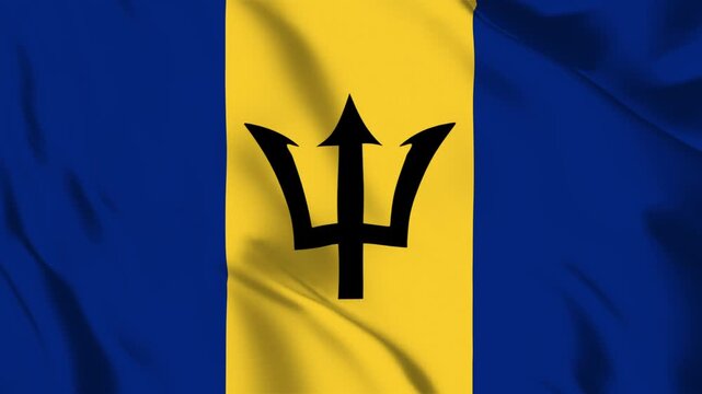 The national flag of Barbados featuring a blue and yellow vertical triband with a black trident emblem in the center