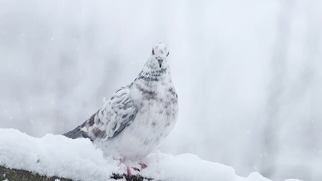Beautiful White Speckled Pigeon Sitting on a Snow-Covered Branch in Winter