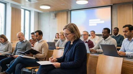 Obraz premium Adult Learner Reviewing Course Handout During Modern Tiered Lecture