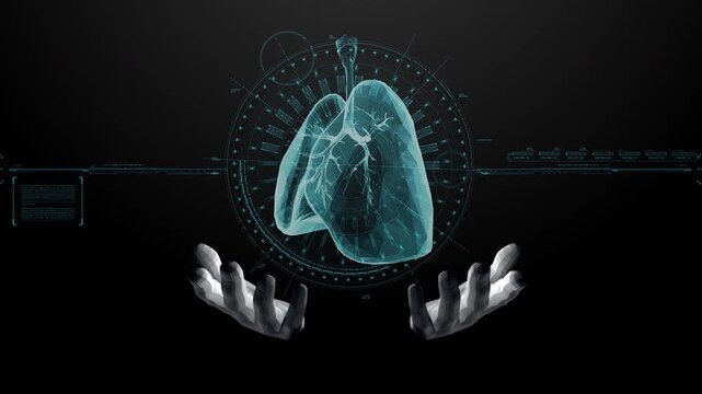 HUD animation video footage featuring a holographic 3D scan image hovering above a palm, conveying a futuristic, high-tech feel associated with data transmission.