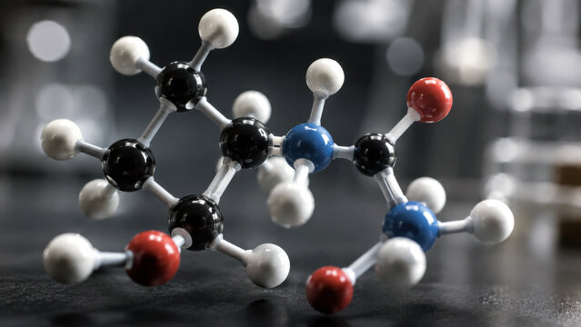 Close-up molecular model in a laboratory setting, showing chemistry, scientific research, pharmaceutical development, and molecular structure