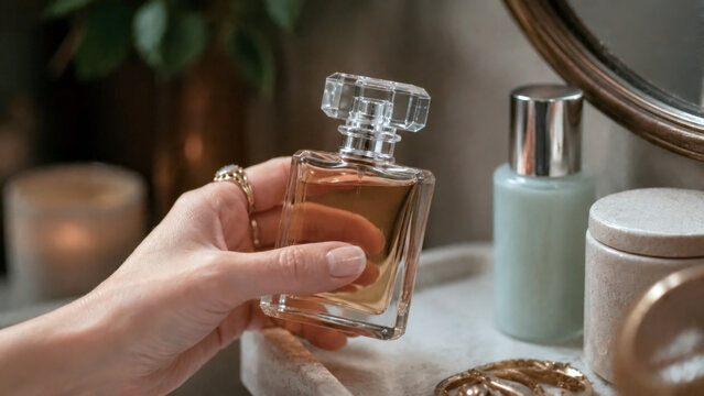Woman holding an elegant perfume bottle beside a mirror and skincare products, showing fragrance, beauty, selfcare, cosmetics, and personal grooming
