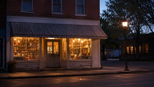 Small traditional neighborhood shop glowing warmly at dusk on a quiet street, showing local retail, small business, community, and nostalgic storefront charm