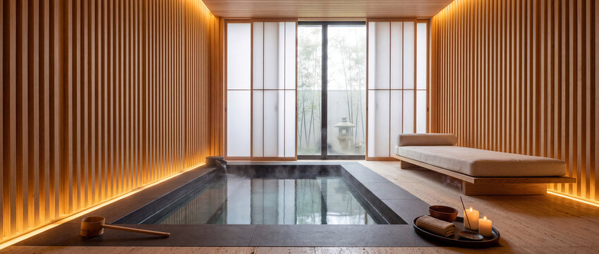 Japanese onsen bath in minimalist spa featuring steaming water, wooden louver walls, warm ambient lighting, shoji screens, and garden view for luxury wellness retreat design