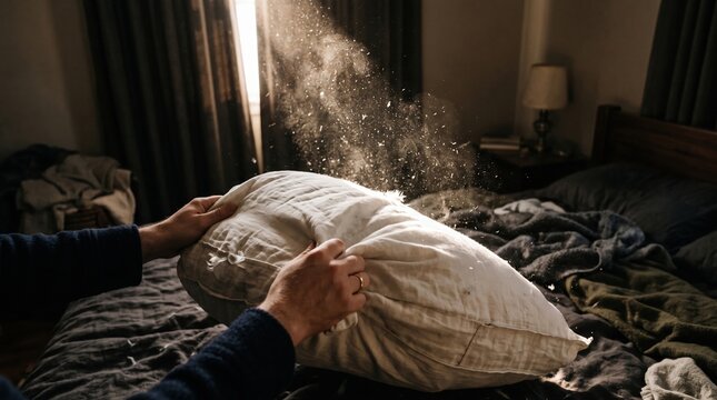 a person fluffing a dusty pillow on a bed with dust mites and allergens scattering into the air.