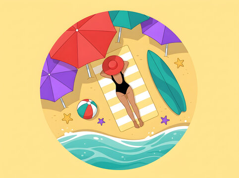 Woman relaxing on a sandy beach under colorful umbrellas top view vector