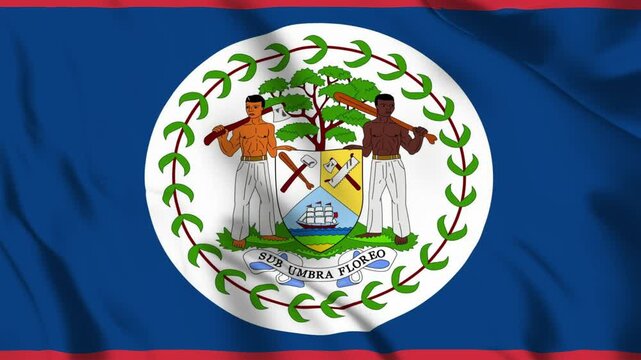 Waving flag of Belize featuring a blue background with red stripes and a central white circle containing the national coat of arms