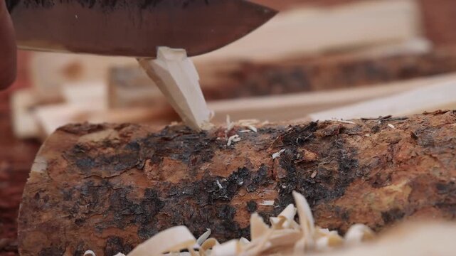 Close-up hand plane glides across rough log bark, curling wood shavings spill over textured surface in warm indoor woodworking workshop on carpentry workbench