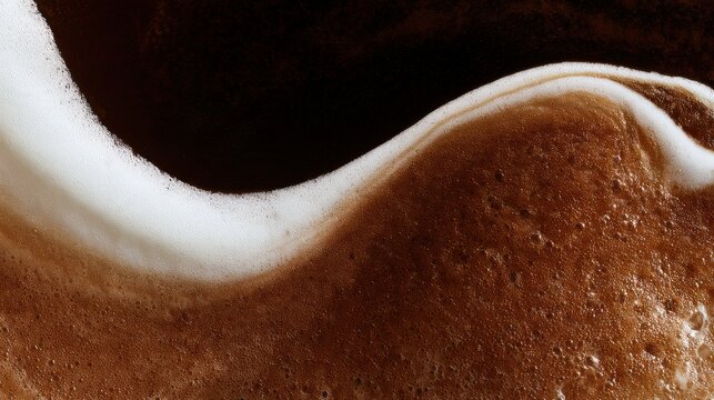 Close view of dark espresso and cream creating a wave pattern against a dark background. Detail shows where liquids meet.