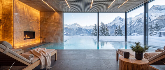 Obraz premium Indoor pool overlooking snowy alpine mountains with modern fireplace, warm stone wall, lounge chairs, and panoramic glass windows for luxury winter wellness resort travel