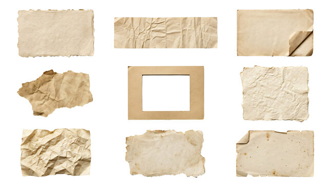 Distressed vintage paper scraps featuring textured edges and aged parchment details isolated on transparent background