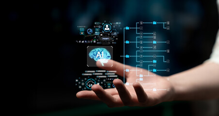 Futuristic Hand Holding Artificial Intelligence Display with Data Visualizations and Graphical User Interface Elements in Dim Lighting. Sentient. © InfiniteFlow