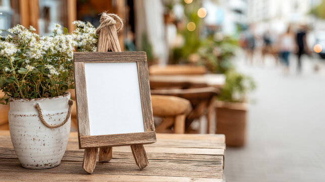 Blank wooden tabletop sign stands beside potted flowers on rustic table, ready for custom message. Empty easel display brings calm farmhouse charm to cafe decor with soft blurred background.