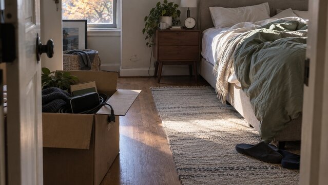 A close up view shows stacked cardboard boxes on the left side near a closed white door, contrasting with a made bed featuring light green bedding in a sunlit bedroom setting
