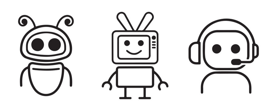 Cute line art chatbot and virtual assistant robot set for modern digital customer service support.
