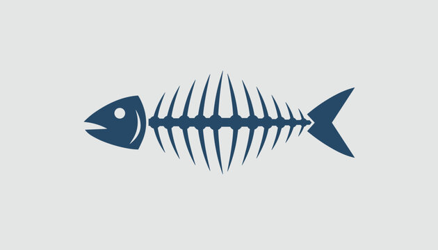 Minimalist silhouette of a fish skeleton including the head, spine, ribs, and tail fin shown in dark blue on a light gray background.