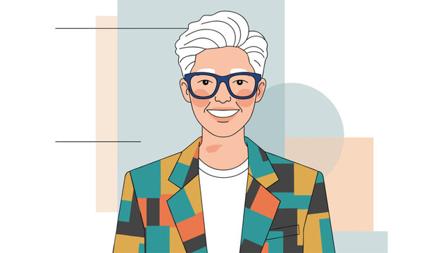 Cheerful portrait of a stylish senior man with white hair and glasses wearing a vibrant multi colored geometric pattern blazer for a headshot.