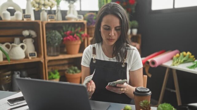 Woman florist in apron counts cash by laptop amid pots, tulips, wrapping paper and coffee cup in studio; focused planning.