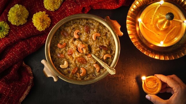 Golden bowl of payasam kheer with cashews and raisins near lit diya lamp on dark background for diwali festival celebration.