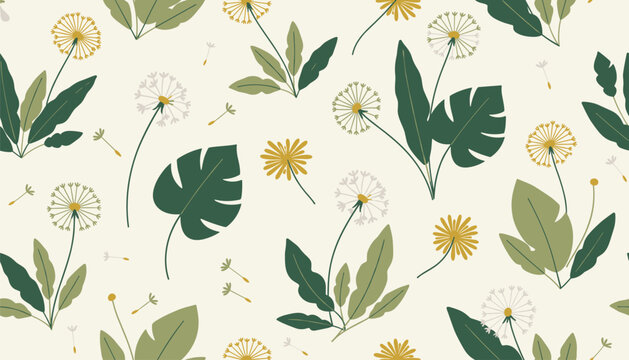 Cheerful seamless pattern featuring yellow dandelions and various green tropical leaves arranged on a soft cream background for fabrics.