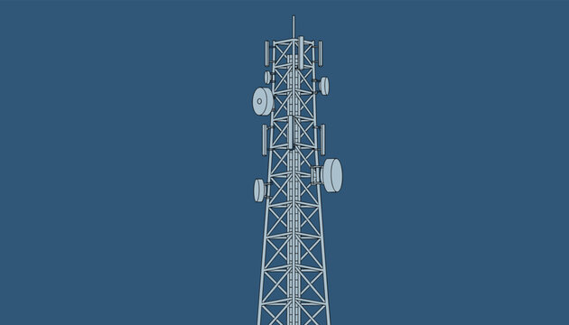 Tall steel lattice telecommunications tower with multiple satellite dishes set against a solid blue sky background.