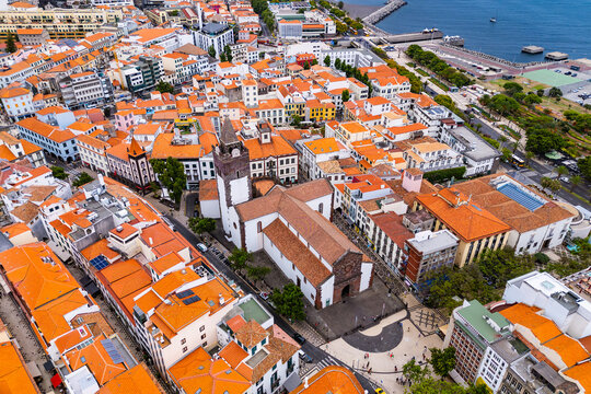 Aerial view of Cathedral of Funchal with city blocks and rooftops, Funchal, Madeira