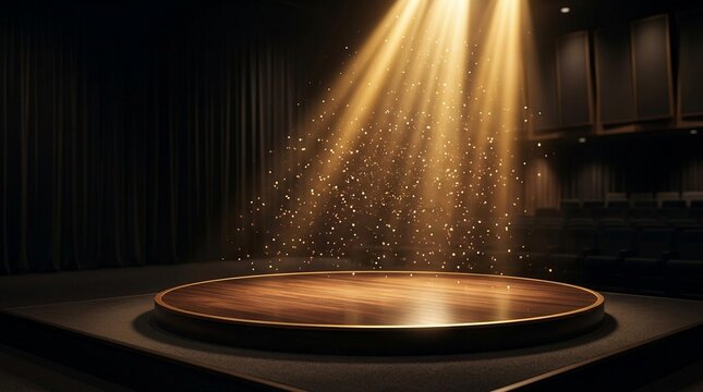 Circular wooden stage with golden spotlight and floating dust particles