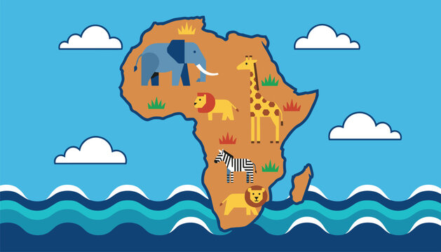 Detailed map of the African continent filled with native wildlife icons including elephant, giraffe, lion, and zebra.